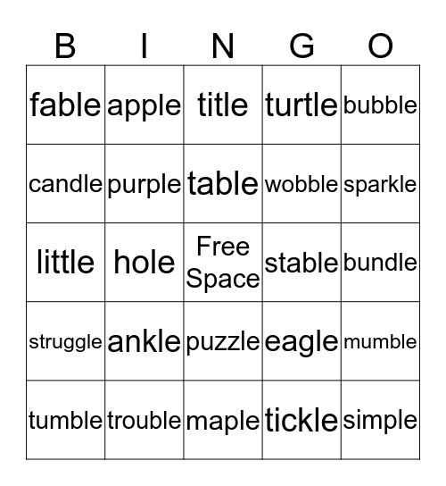 Froggy Fable/Final Syllable 'le Bingo Card