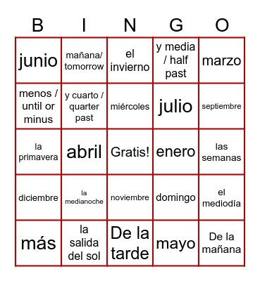 EL TIEMPO Y ESTACIONES Bingo Card