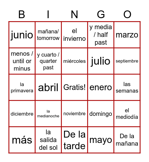 EL TIEMPO Y ESTACIONES Bingo Card