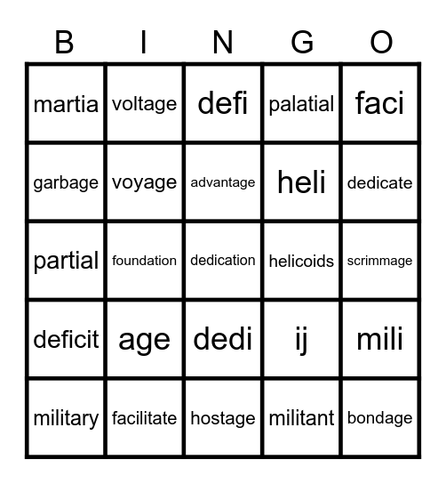 Untitled bingo card