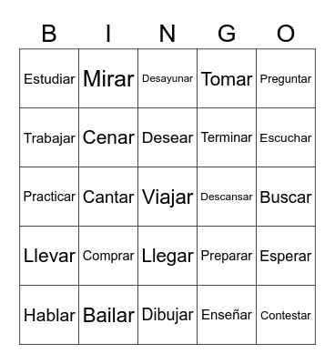 AR Verbs Bingo Card
