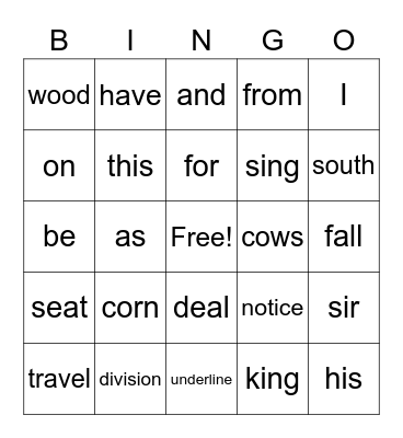 High Frequency Word Bingo Card