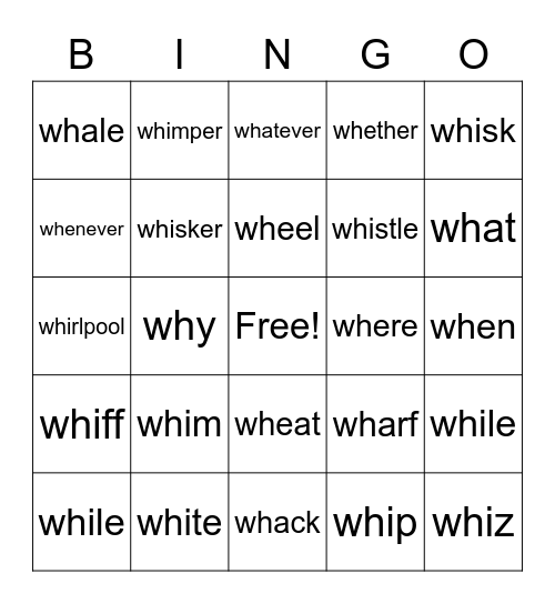 Wh Digraph Bingo Card