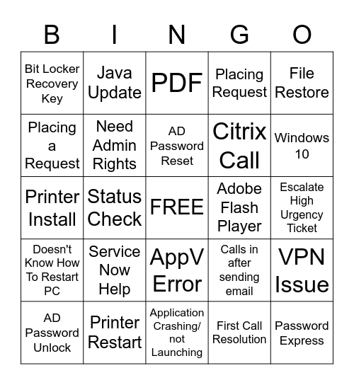 Service Desk BINGO Card