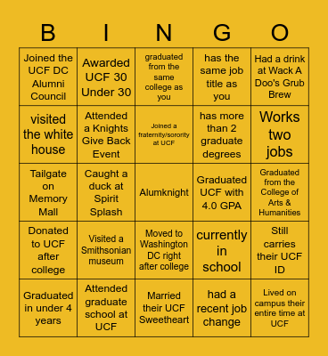 UCF DC ALUMNI NETWORKING KNIGHT BINGO Card