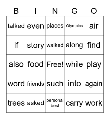 Unit 6 High Frequency Words Bingo Card
