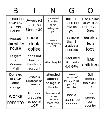 UCF DC ALUMNI NETWORKING KNIGHT BINGO Card