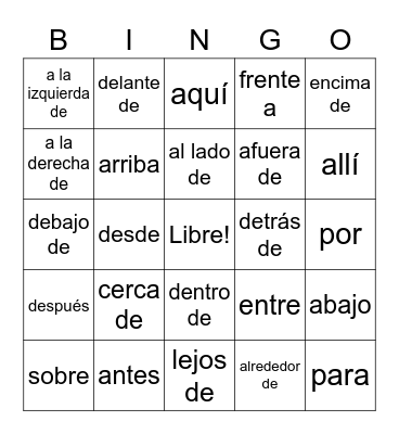 Las preposiciones Bingo Card