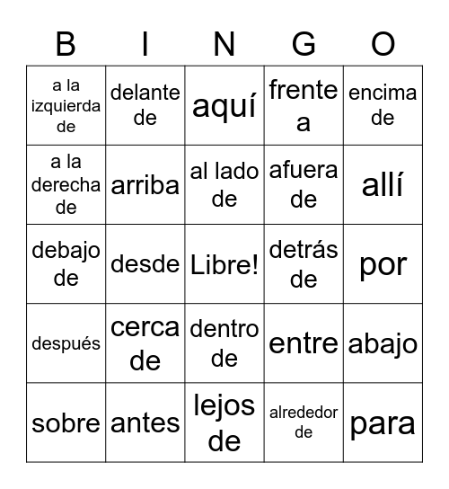 Las preposiciones Bingo Card