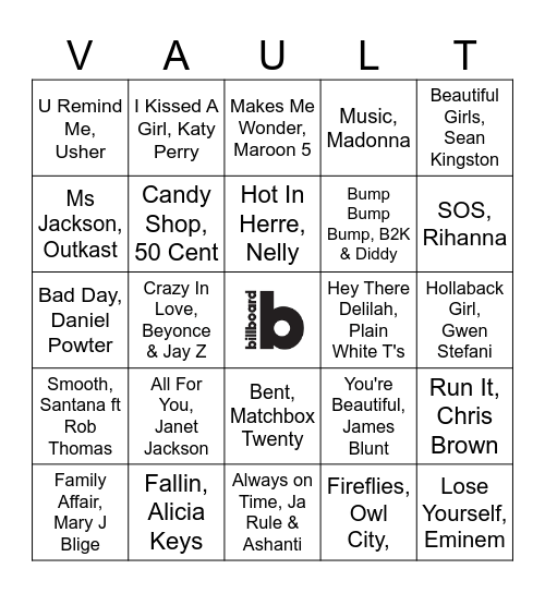 VOBingo - #1 Hits of the 2000s Bingo Card