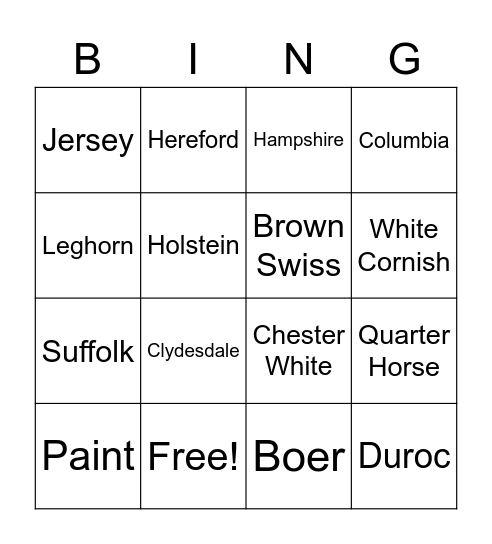 Livestock Breeds BINGO Card