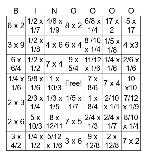 Improper Fraction Bingo Card