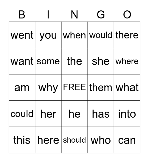 Sight Word Bingo Card