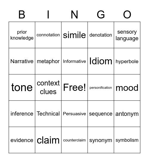 Academic Vocabulary Bingo Card