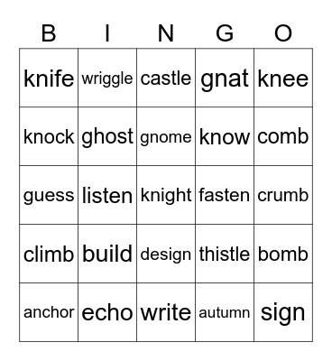 Silent Letters Bingo Card