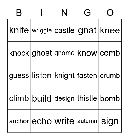 Silent Letters Bingo Card