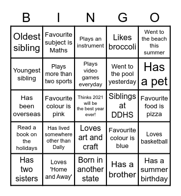 All About Me Bingo Card
