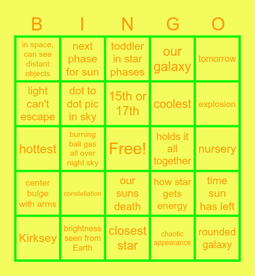 Galaxy Life Cycle of Star Constellation Bingo Card