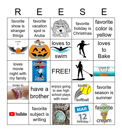All About Reese Bingo Card