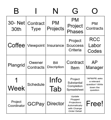 Job Setup Bingo Card