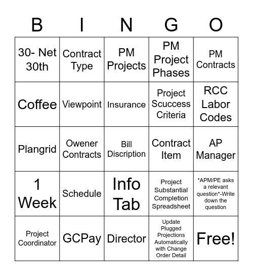 Job Setup Bingo Card