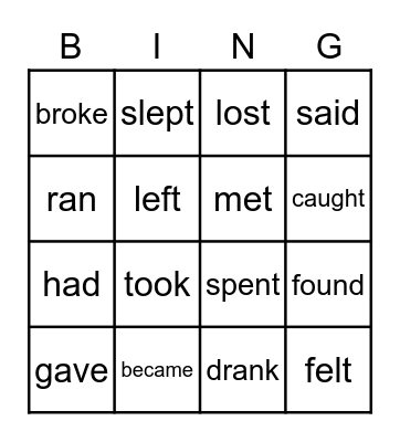 Irregular verbs bingo Card
