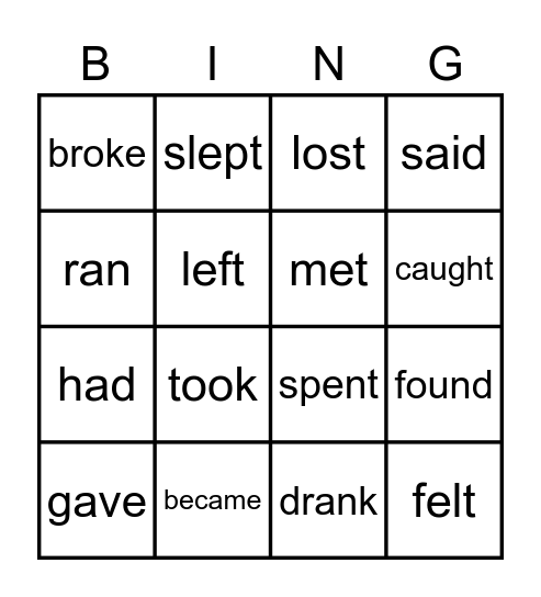 Irregular verbs bingo Card