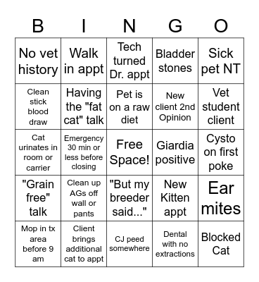 Veterinary Bingo Card