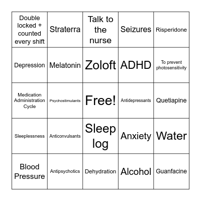Psych Medication Bingo Card
