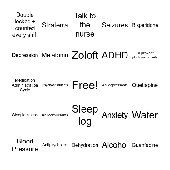 Psych Medication Bingo Card