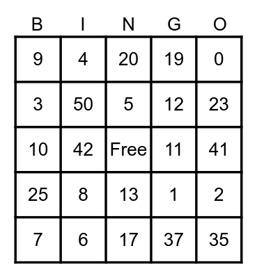 Number Bingo Card
