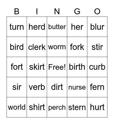 1st Grade ir,ur,er,or Bingo Card