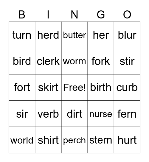 1st Grade ir,ur,er,or Bingo Card