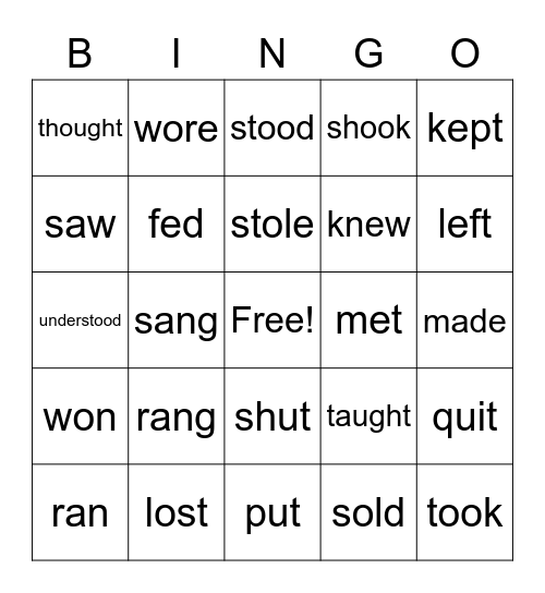 Irregular Past Tense Bingo Card