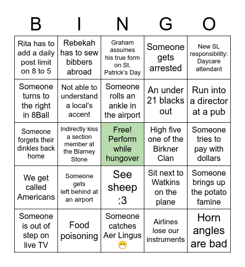 Ireland misadventures Bingo Card