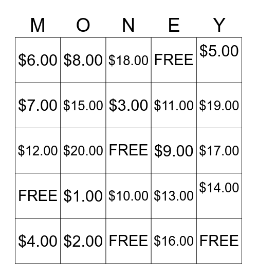 Dollar-Up BINGO Card