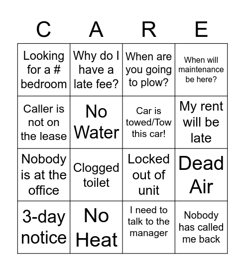 Care Team Bingo Card