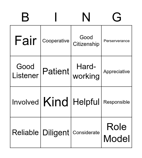 Traits of a Good Citizen Bingo Card