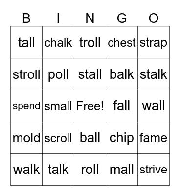 Phonograms all, oll, alk, & others Bingo Card