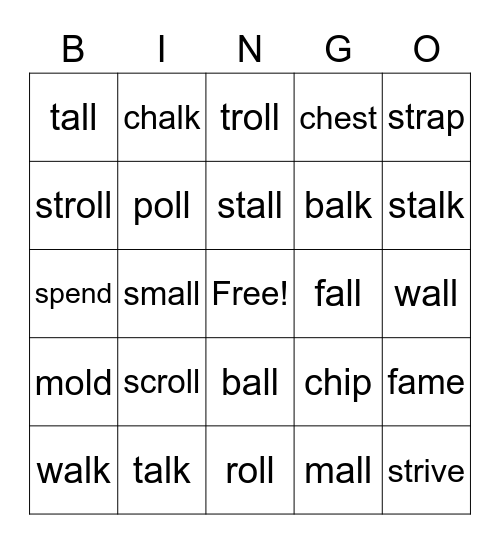 Phonograms all, oll, alk, & others Bingo Card