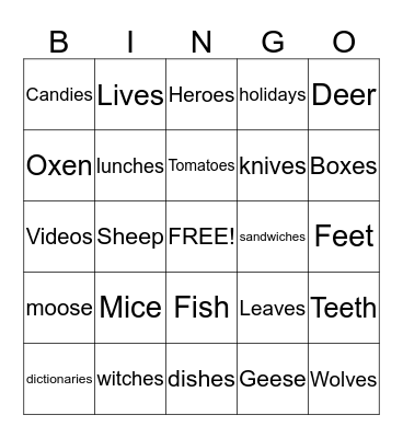 Plural Nouns Bingo Card