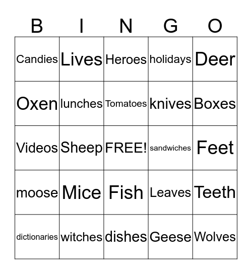 Plural Nouns Bingo Card