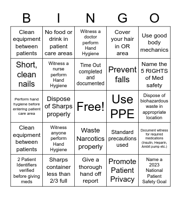 National Patient Safety Week Bingo Card