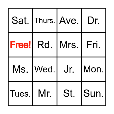 Abbreviations Bingo Card