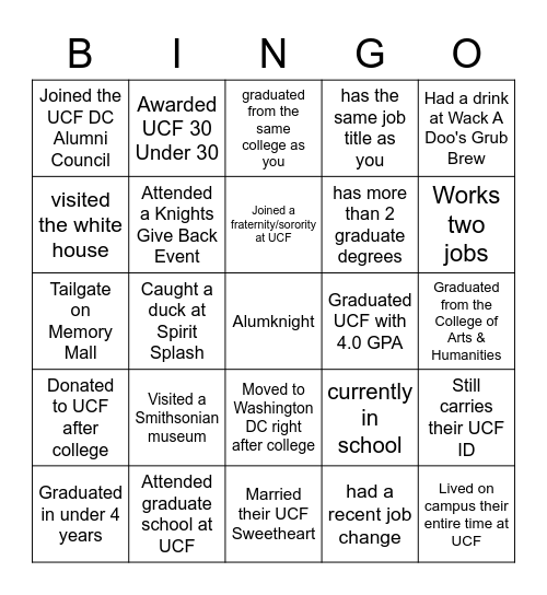 UCF DC ALUMNI NETWORKING KNIGHT BINGO Card