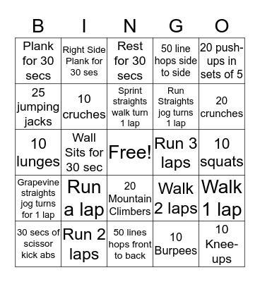 Fitness Bingo Card