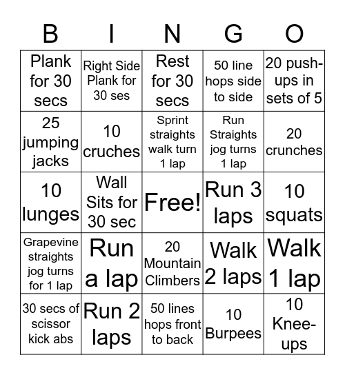 Fitness Bingo Card