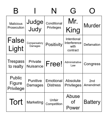 business Law Bingo Card