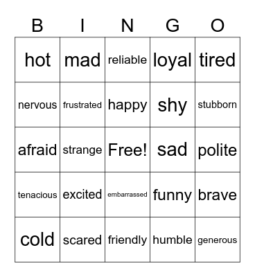 Character Development Bingo Card