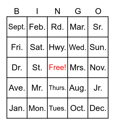 Abbreviations Bingo Card